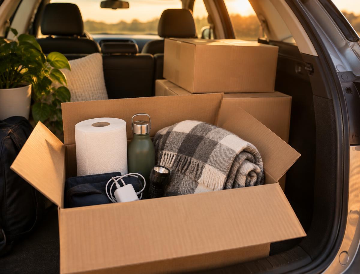 Open car trunk at sunset with a first-night box holding paper towels, a water bottle, a folded blanket, a flashlight and a phone charger